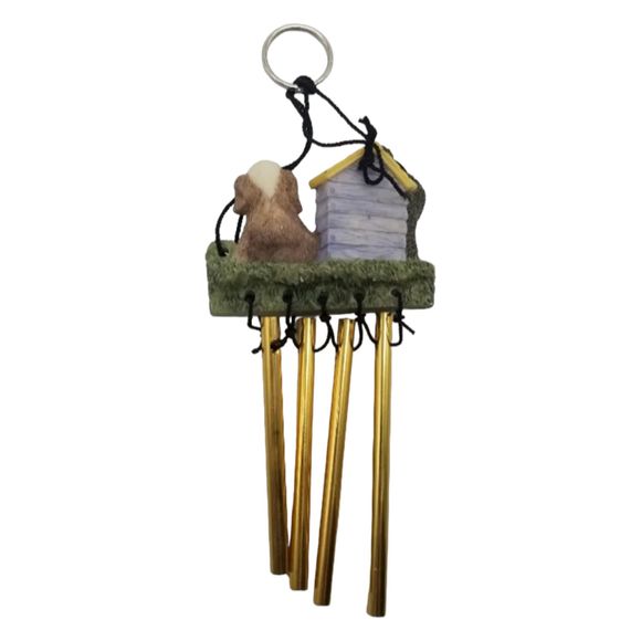 Brown Puppy with Yellow Roof Dog House Metal Rod Wind Chimes Resin - Picture 6 of 7